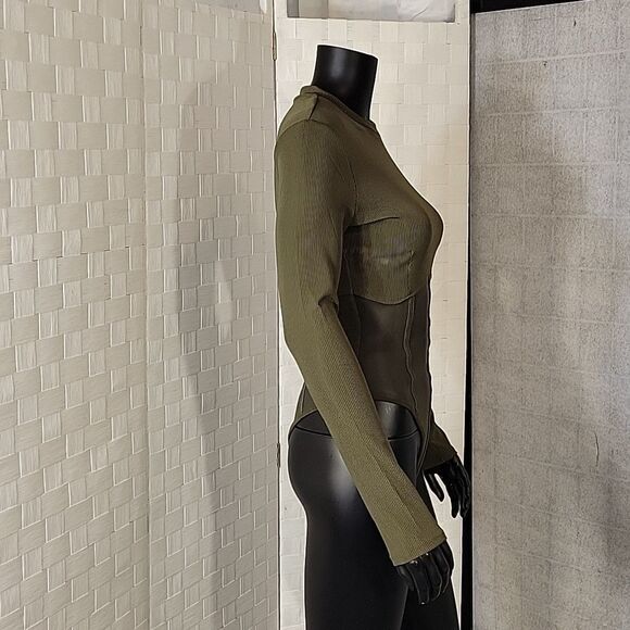 BRAND NEW LONG SLEEVES MESH INSERT HIGH NECK SOLID SHEER THONG SNAP BODYSUIT - Picture 9 of 15